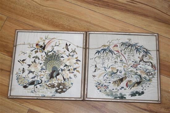 A set of four Chinese silkwork panels depicting birds and flowers, housed back to back in two frames, c.1910, 26.5 x 27cm